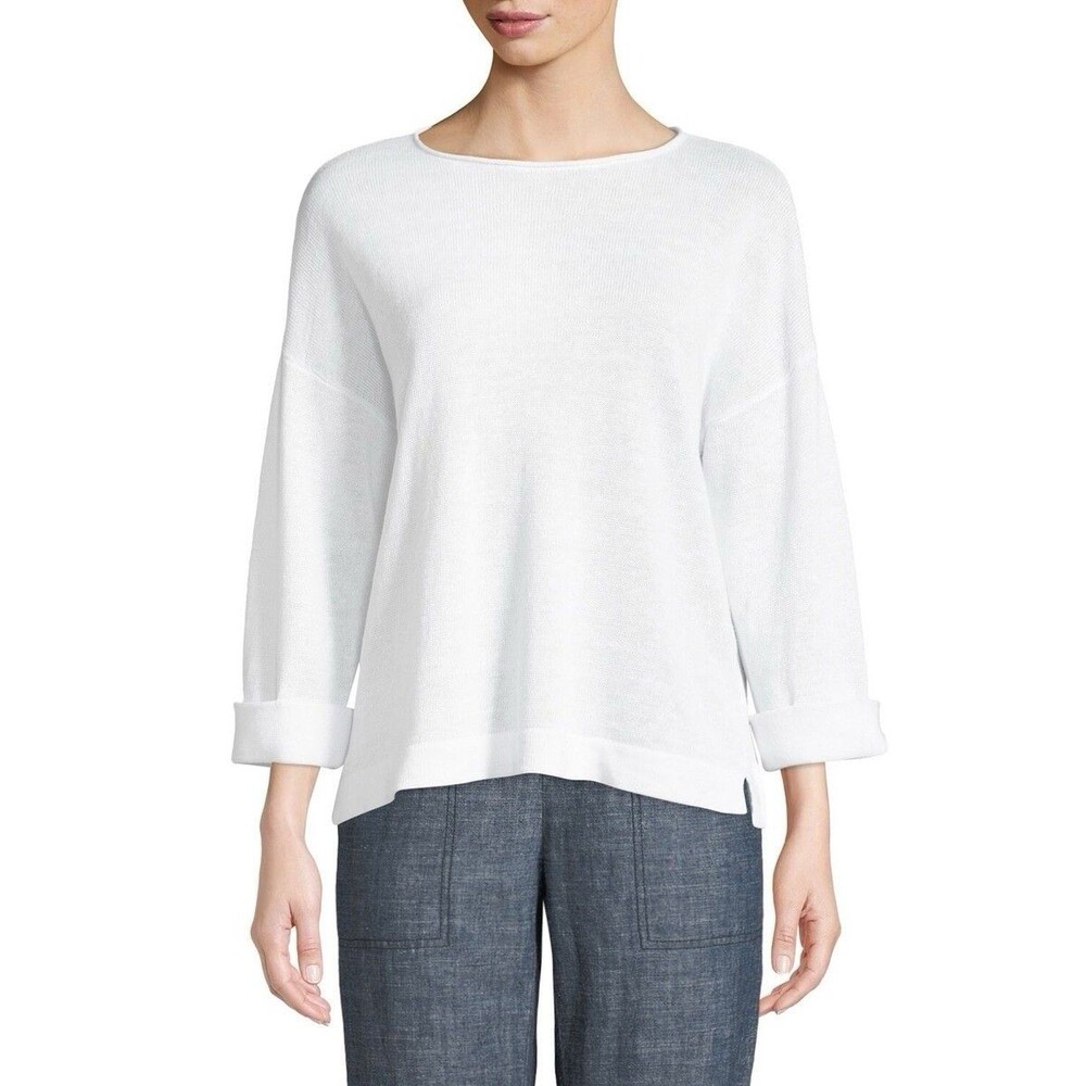 EILEEN FISHER 3/4-Sleeves Organic Linen Sweater White Small